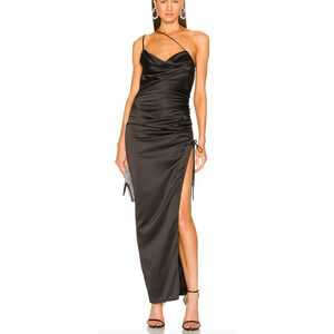 Lovers + Friends Black Satin Slip Maxi Dress  SMALL Cowl Slit Ruched Gown $238